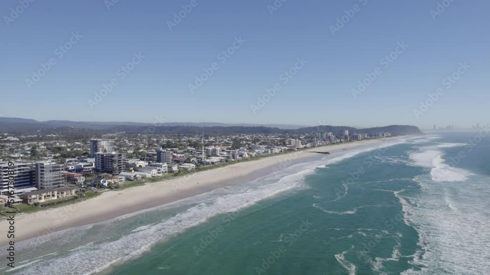 Aerial View Of Palm Beach And Turquoise Ocean In Gold Coast, QLD, Australia - drone shot Aerial View Of Palm Beach And Turquoise Ocean In Gold Coast, QLD, Australia - drone shot