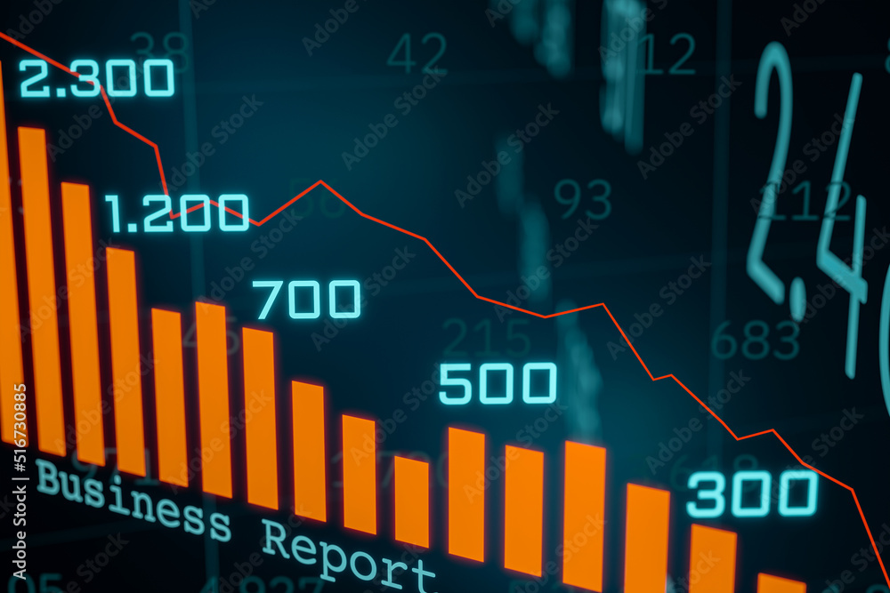 Business chart falls. Sales report and revenue statistic. Chart with columns, lines and financial figures. Sales or revenue report, earnings and business concept. 3D illustration