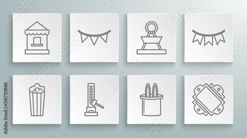 Set line Popcorn in cardboard box, Carnival garland with flags, High striker attraction big hammer, Magician hat rabbit ears, Ticket, Attraction carousel, and office icon. Vector