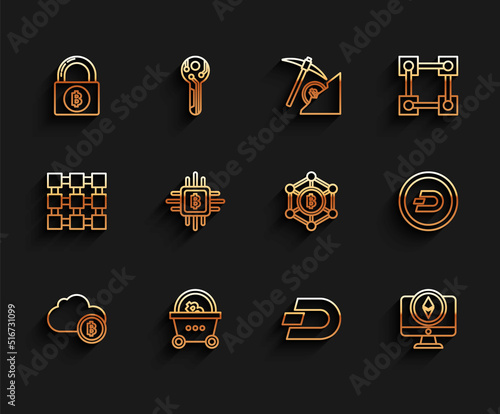 Set line Cryptocurrency cloud mining, Shopping basket with bitcoin, Lock, Dash, Monitor and Ethereum ETH, CPU farm, and Blockchain technology Bitcoin icon. Vector