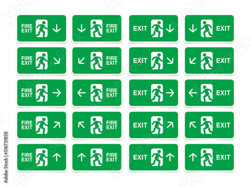 Set of emergency fire exit door icon. Green exit signs with different directions.