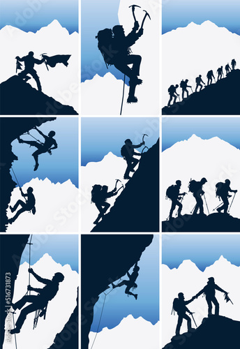 Mountaineer and climber silhouette landscape label vector collection