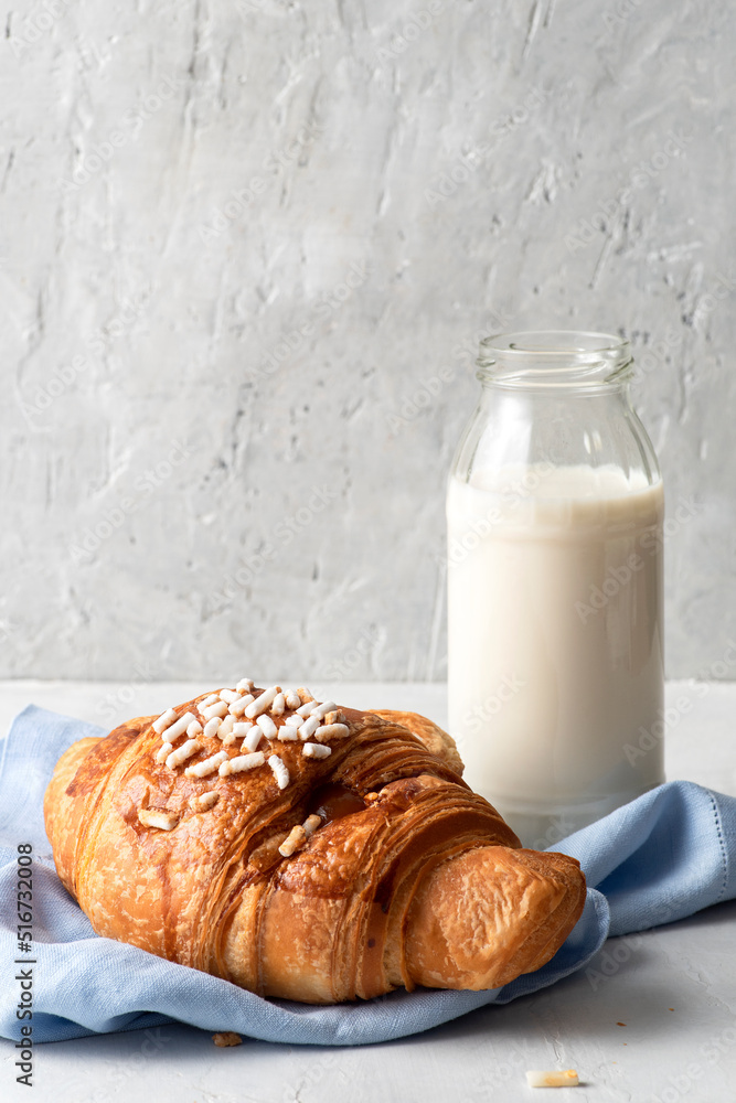 Breakfast with croissant nad milk. Copy space. Breakfast with croissant nad milk. Copy space.