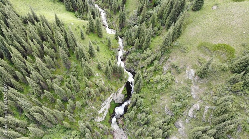 Top view of a beautiful Kairak waterfall and river from several cascades in the mountains