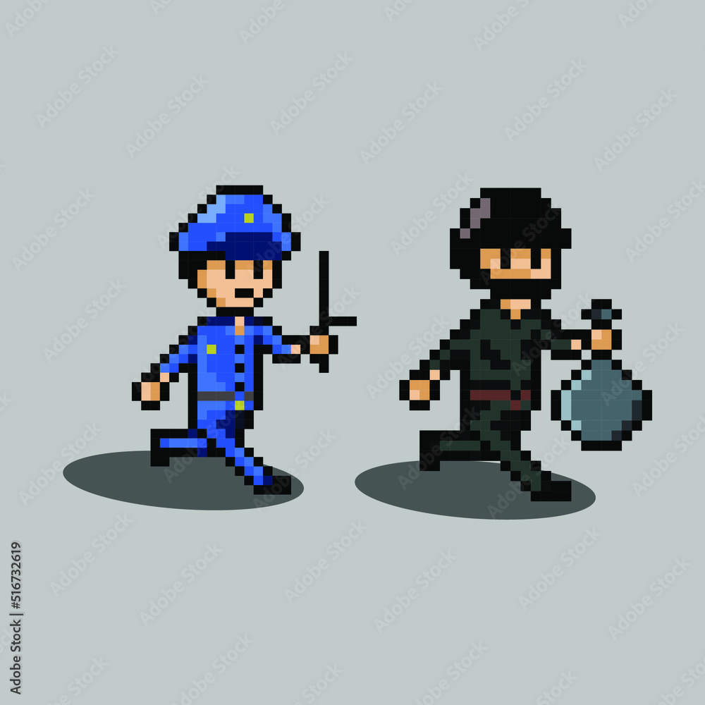pixel art style, old videogames style, retro style 18 police run chasing robber vector 