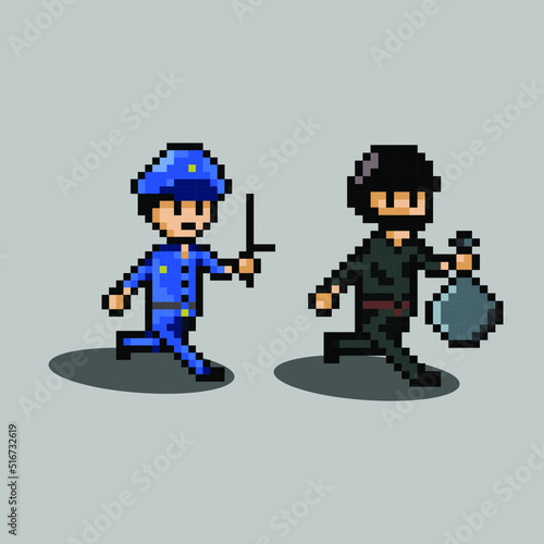 pixel art style, old videogames style, retro style 18 police run chasing robber vector 