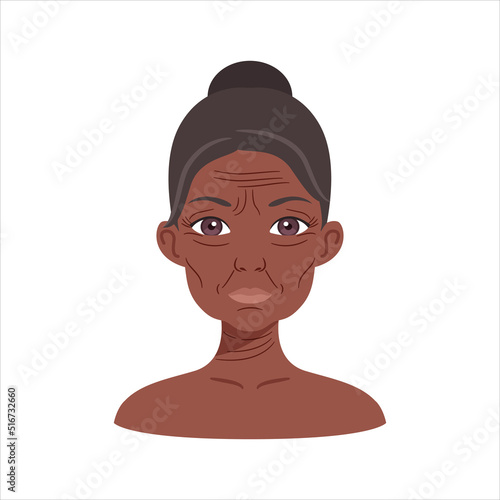 Portrait of a Beautiful Elderly Afro Black Woman. Wrinkles and Saggy Skin on Female Face. Gray Hair. Bun Hairstyle. Avatar. Color Cartoon style. White background. Vector illustration for Beauty Design