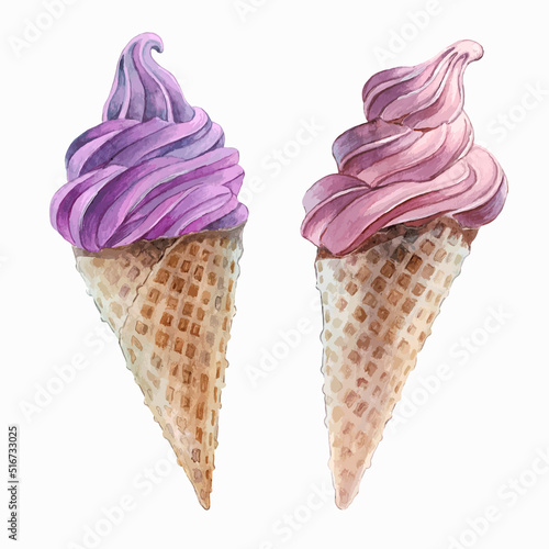 Watercolor hand painted illustration of ice cream on white bacground. Vector clip art for invitation, greeting cards, menu, cafe. 