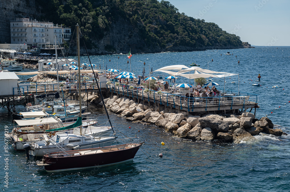 Marina in the city of Sorrento. Sea vacation on a yacht or boat on the Tyrrhenian Sea.