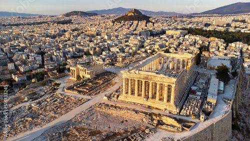 Aerial view of the Acropolis in Athens at the sunset