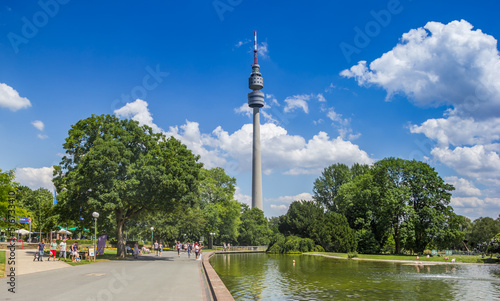 Flamingo pond in front of the TV tower in Dortmund, Germany