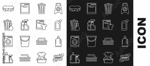 Set line Bar of soap with foam, Plastic bottles for liquid dishwashing liquid, Trash can, and garbage bag, Sponge and Washer t-shirt icon. Vector