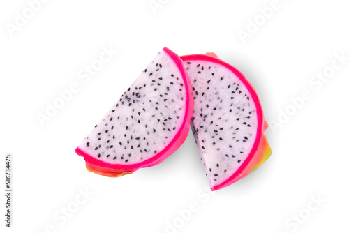 Two pieces of Dragon fruit isolated on white background. Top view.