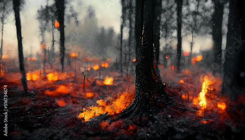 Waldbrand mit verkohlten Bäumen photo