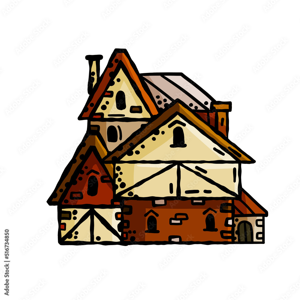 Medieval house. Village building. Old house with chimney. Cartoon retro illustration