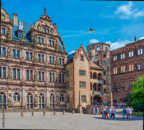 View of the Friedrich‘s building , glass hall and Ottheinrich‘s building (German Renaissance) of Heidelberg Castle from the patio. Baden Wuerttemberg, Germany, Europe