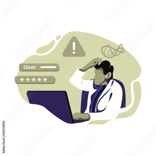 forgot password Icon Illustration vector for website mobile app, concept dizzy man remembering password in front of laptop perfect for ui ux, project, landing page web, brochure, advertising, flayer