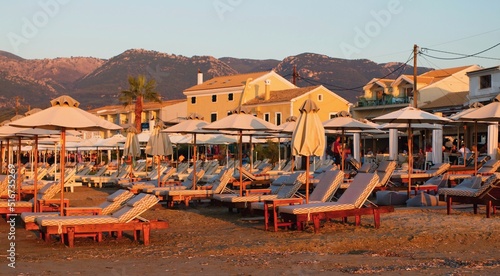 Roda. Greece. Beach and taverns in the resort of Roda on the island of Corfu in the Ionian Sea. photo