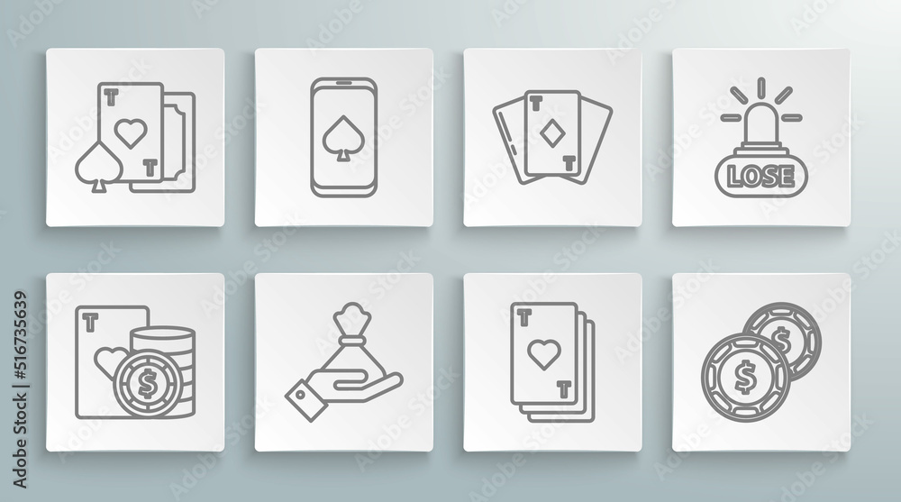 Set line Casino chip and playing cards, Online poker table game, Hand holding money bag, Playing with heart, dollar, diamonds, losing and icon. Vector Set line Casino chip and playing cards, Online poker table game, Hand holding money bag, Playing with heart, dollar, diamonds, losing and icon. Vector