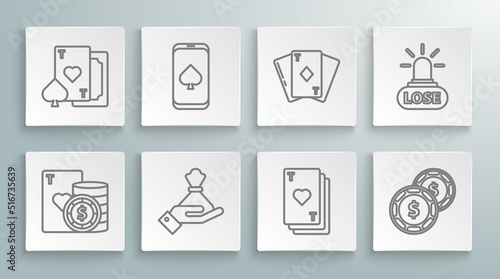 Set line Casino chip and playing cards, Online poker table game, Hand holding money bag, Playing with heart, dollar, diamonds, losing and icon. Vector
