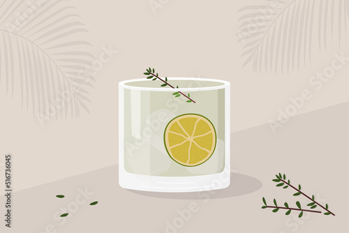Gin Tonic Cocktail garnished with slice of lime and green herb twigs. Summer aperitif horizontal poster. Minimalist card with alcoholic beverage and rosemary sprig. Vector flat style illustration.