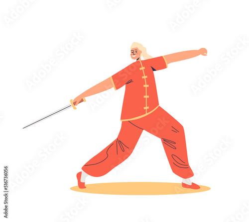 Woman kung fu fighter in costume for competition. Chinese warrior ready for fight. Martial arts