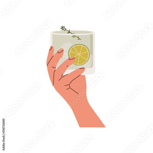 Female or male hand holding rocks glass with classic gin tonic cocktail. Old fashioned glass with alcohol drink garnished with slice of lime and rosemary. Summer aperitif beverage. Vector illustration