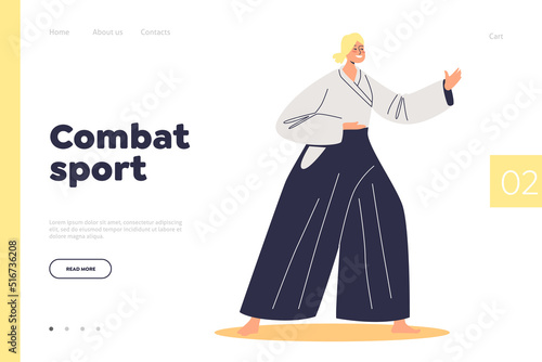 Combat sport concept of landing page with woman aikido fighter in costume for competition