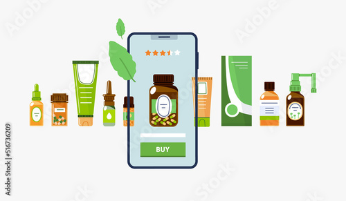 Homeopathic remedy online.Buying herbal medicines via Internet.Vector