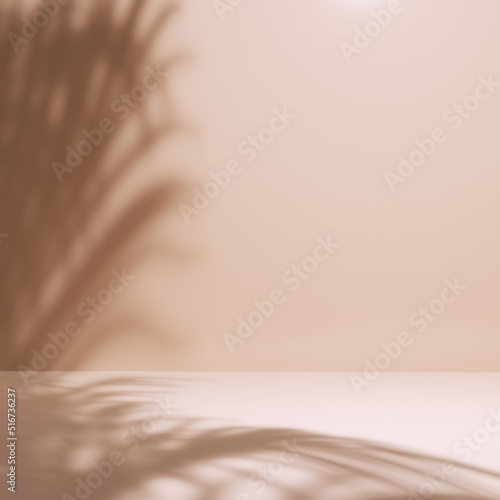 Empty room wall with texture tropical leaves shadow, minimal pastel beige summer abstract background for product presentation and object display. 3d rendering