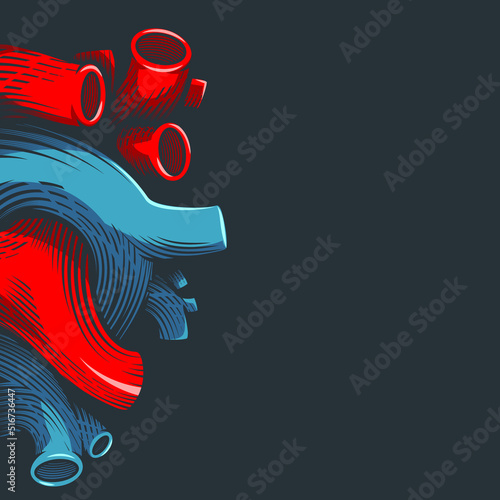 Main pulmonary veins of human heart. Vector illustrative background in engraving technique of anatomical human heart. 