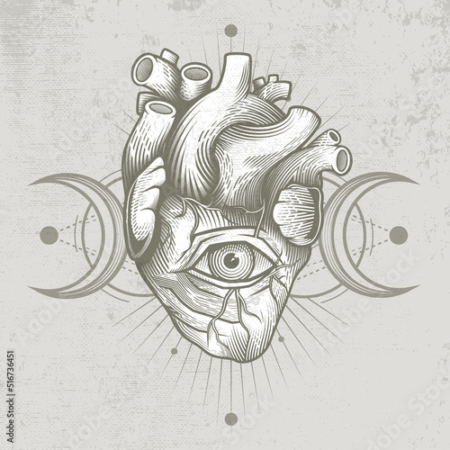 Inner wisdom, sacred all seeing heart. Vector illustration in engraving technique of anatomical human heart with eye in it. 