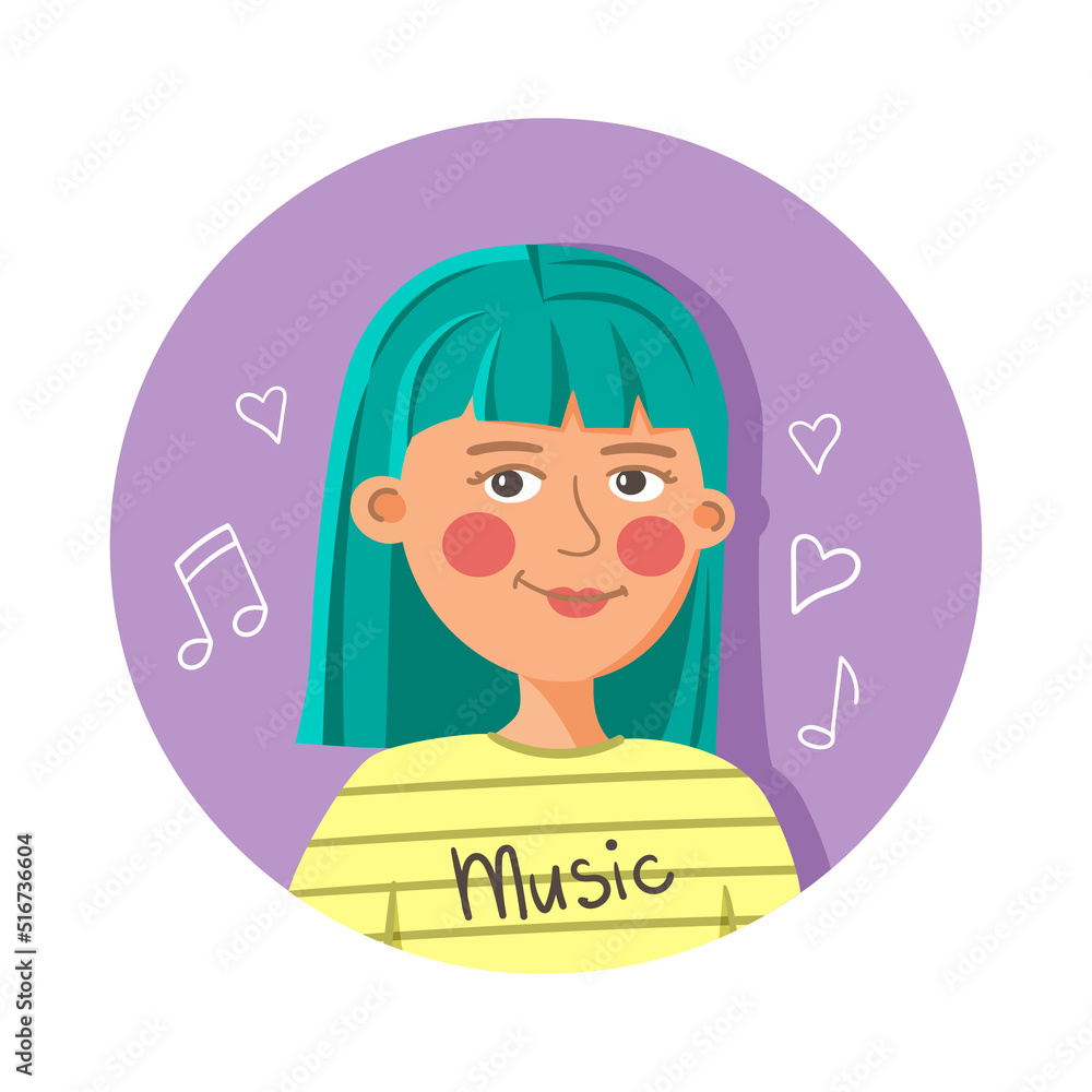 Vector portrait of a girl with green hair. Avatar of a girl with notes, in a yellow T-shirt with the inscription music Vector portrait of a girl with green hair. Avatar of a girl with notes, in a yellow T-shirt with the inscription music