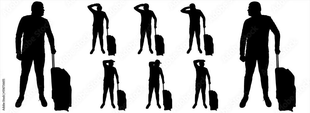 A tourist with a suitcase on wheels is waiting. A tourist in a tracksuit peers into the distance with the help of his hand and focuses his vision. Front view, full face. Silhouettes isolated on white