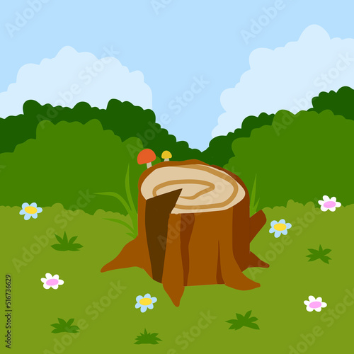 Stump in forest meadow. Green field with grass. Background for child drawing.