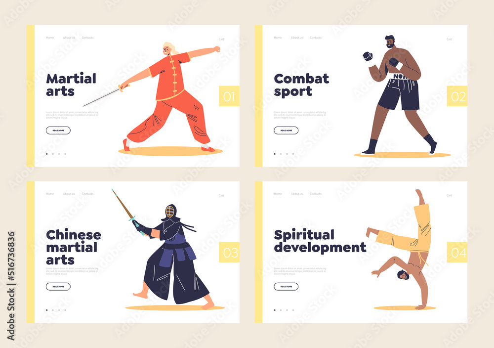 Eastern martial arts concept of landing pages set with fighters wearing costumes and holding weapons