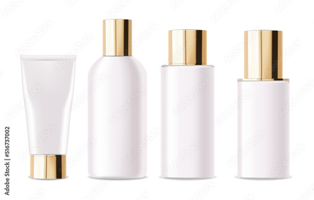 Realistic package cosmetics set, Bottles lotion, tonic, serum, cream, cosmetics mockup isolated vector, package bottle cosmetics, plastic white bottles and gold design, gold cosmetics collection Realistic package cosmetics set, Bottles lotion, tonic, serum, cream, cosmetics mockup isolated vector, package bottle cosmetics, plastic white bottles and gold design, gold cosmetics collection