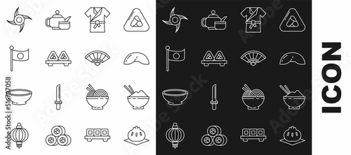 Set line Khinkali on cutting board, Chinese fortune cookie, Japanese costume Kimono, Sushi, National flag of pole, ninja shuriken and Paper chinese japanese folding fan icon. Vector
