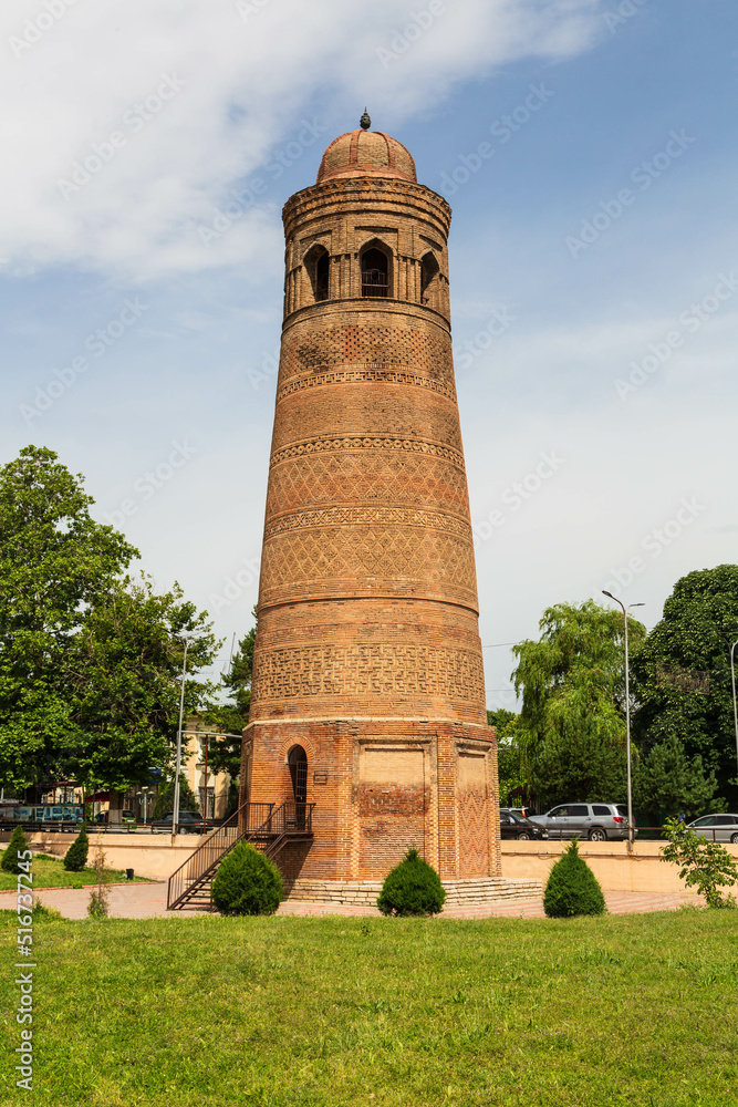 Ancient minaret in Uzgen town, Osh region, Kyrgyzstan