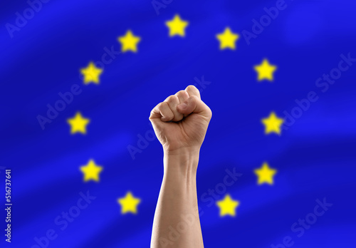 Foto fight, politics and gesture concept - close up of male hand showing fist or punc