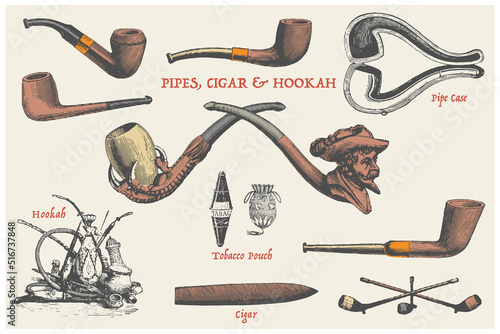 Pipe, cigar and hookah set. 