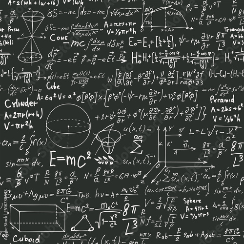Abstract seamless pattern with handwritten text mathematical formulas and equations and geometrical figures. Vector repeating background in style from the diary of a scientist