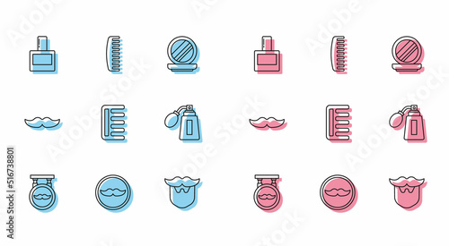 Set line Barbershop, Mustache, Aftershave, and beard, Hairbrush, bottle with atomizer, and icon. Vector
