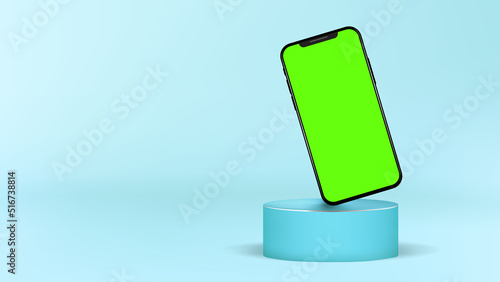 Realistic Cylinder Podium Modern Smartphone Standing Green Screen Blank Mockup Template