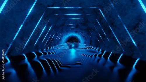 Neon blue tunnel abstract corridor blue background. Flying in futuristic tunnel with fluorescent ultraviolet lights. Sci-fi interior corridor. Modern neon blue purple light spectrum. 3D illustration