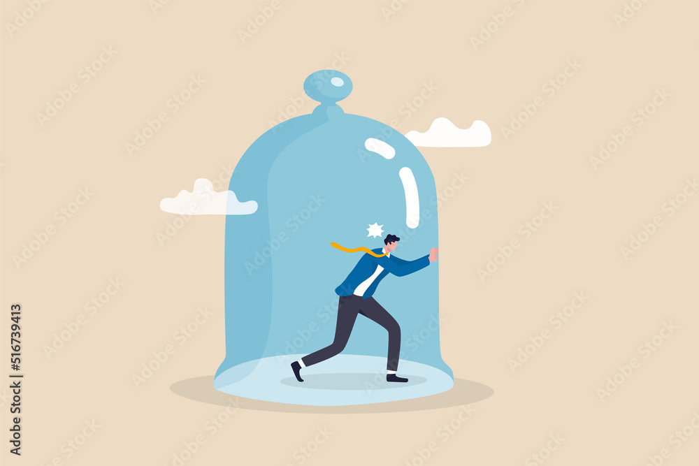 Business constraints, limitation or stagnant, restriction, prohibition or difficulty prevent from improvement or success concept, businessman inside the glass try to push so hard to break boundary.