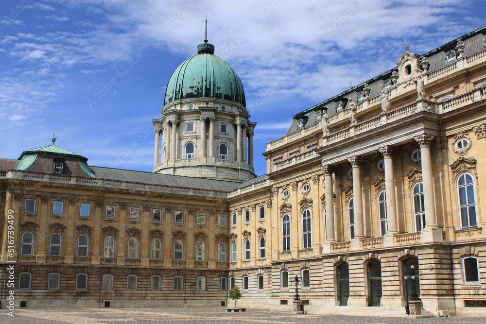 Exterior view of Buda Castle, the historical Royal Palace in Budapest, Hungary, Europe. Facade and dome of the Hungarian baroque castle.
