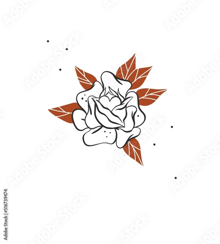 Hand drawn abstract vector graphic clipart illustration boho rose flower with leaves logo element.Female design concept.Bohemian wild west contemporary art.Cowboy girl modern drawing.Feminine logo.
