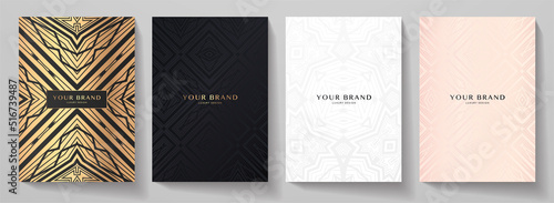 Luxury premium cover design set. Abstract background with gold, pink, black, white line pattern. Royal vector template for vertical menu, brochure, flyer layout, lux invite card
