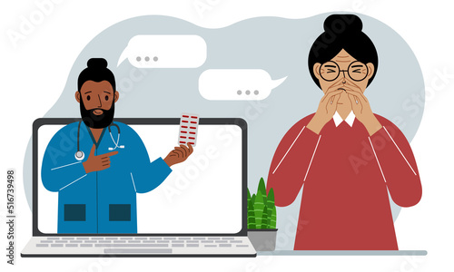 Online consultation with a doctor. A woman in pain holds his hands to his face and communicates through a laptop with a doctor.